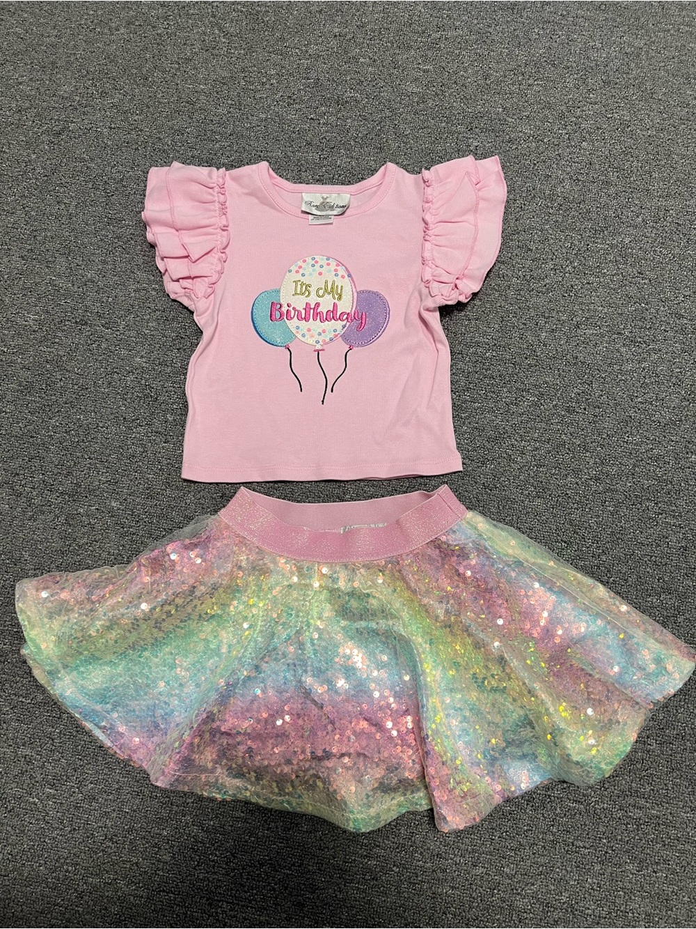 Rare Editions Pink Ruffle Sleeve 'It's My Birthday' Top with Pastel Sequin Skirt
